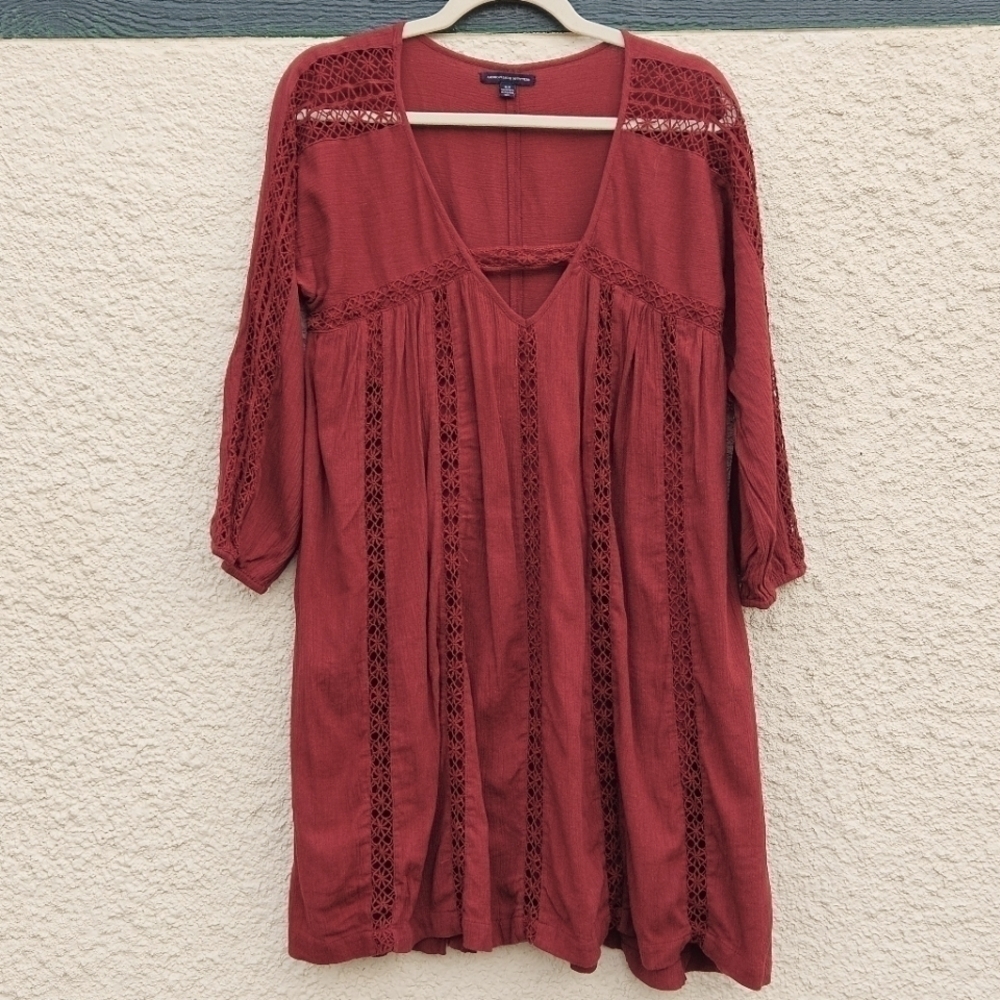 American Eagle crochet lace boho babydoll dress dark red maroon small